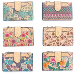 6 Natural Cork card Wallets with Floral Print and Mosaic Patterns (6 Units Pack) HY-013-MIX-6