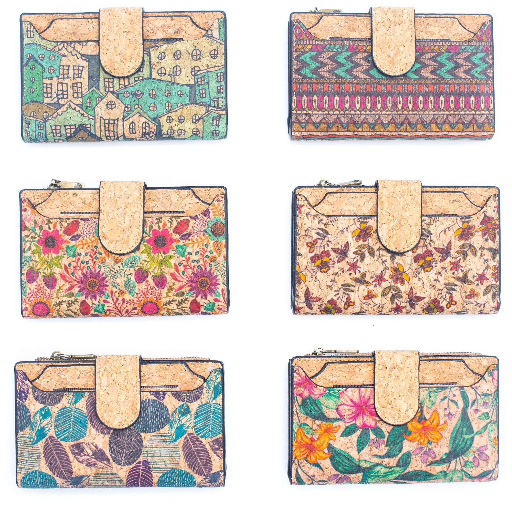 6 Natural Cork card Wallets with Floral Print and Mosaic Patterns (6 Units Pack) HY-013-MIX-6