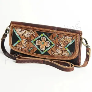 American Darling Brown Leather Tooled and Painted Cross Body Wallet