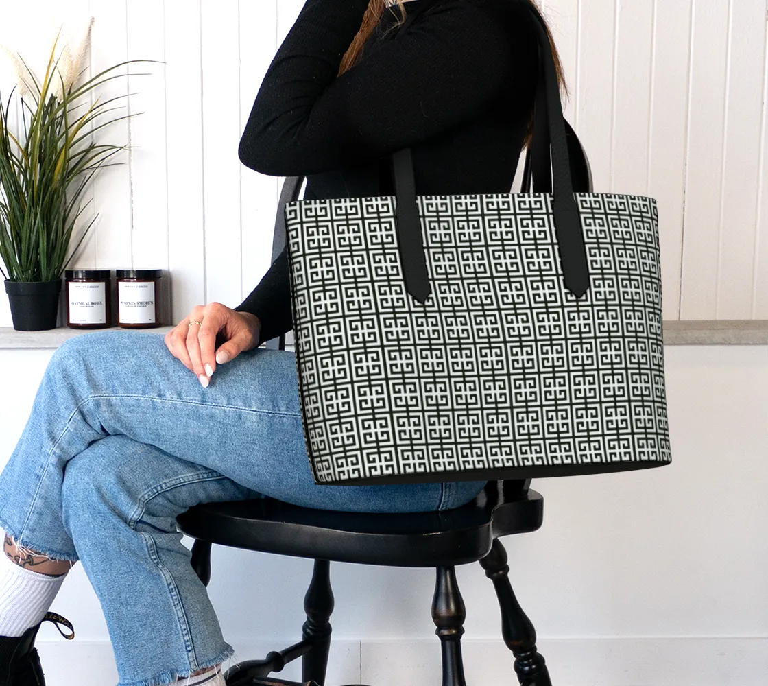 Black Greek Key Vegan Leather Tote Bag