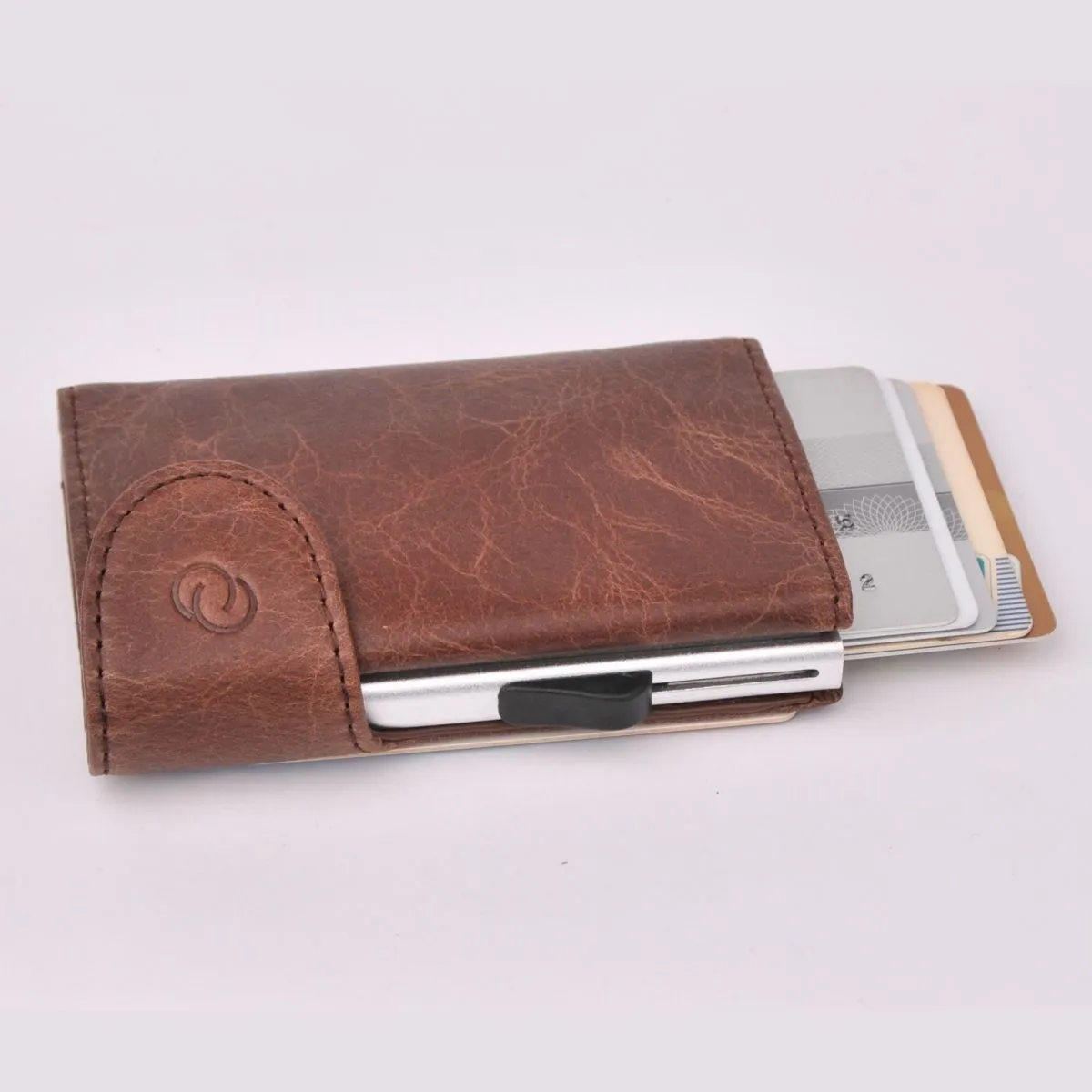 C-Secure Aluminum Card Holder with PU Leather - Dark Brown