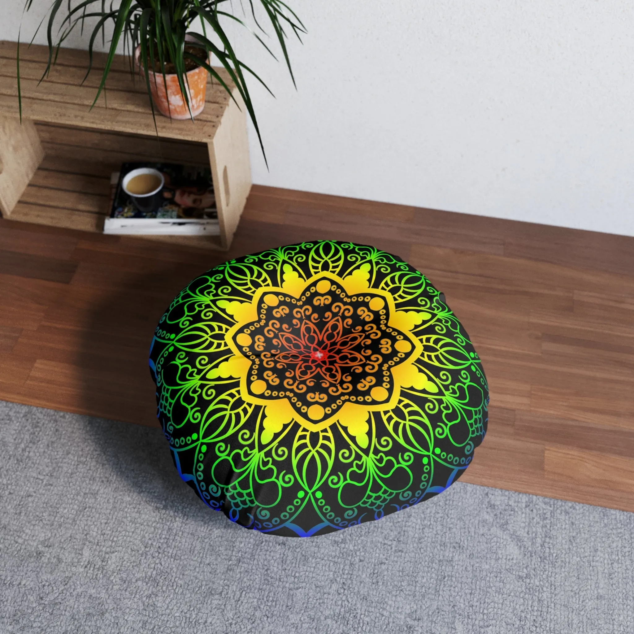 Handmade Mandala Art Floor Cushion - Rainbow Mandala Design