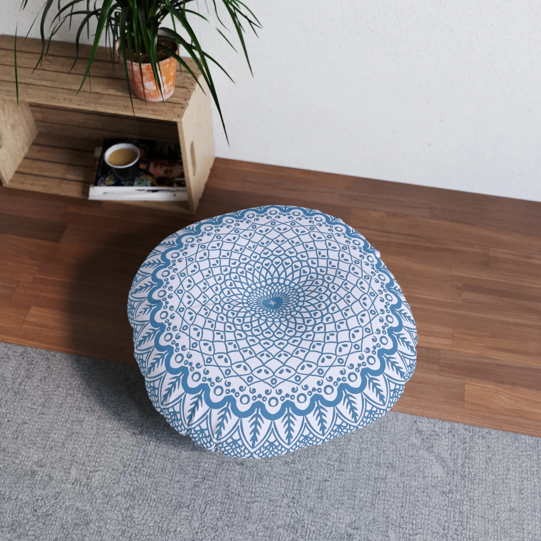 Handmade Mandala Art Floor Cushion - Steel Blue on Lavender - Round