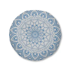 Handmade Mandala Art Floor Cushion - Steel Blue on Light Grey - Round