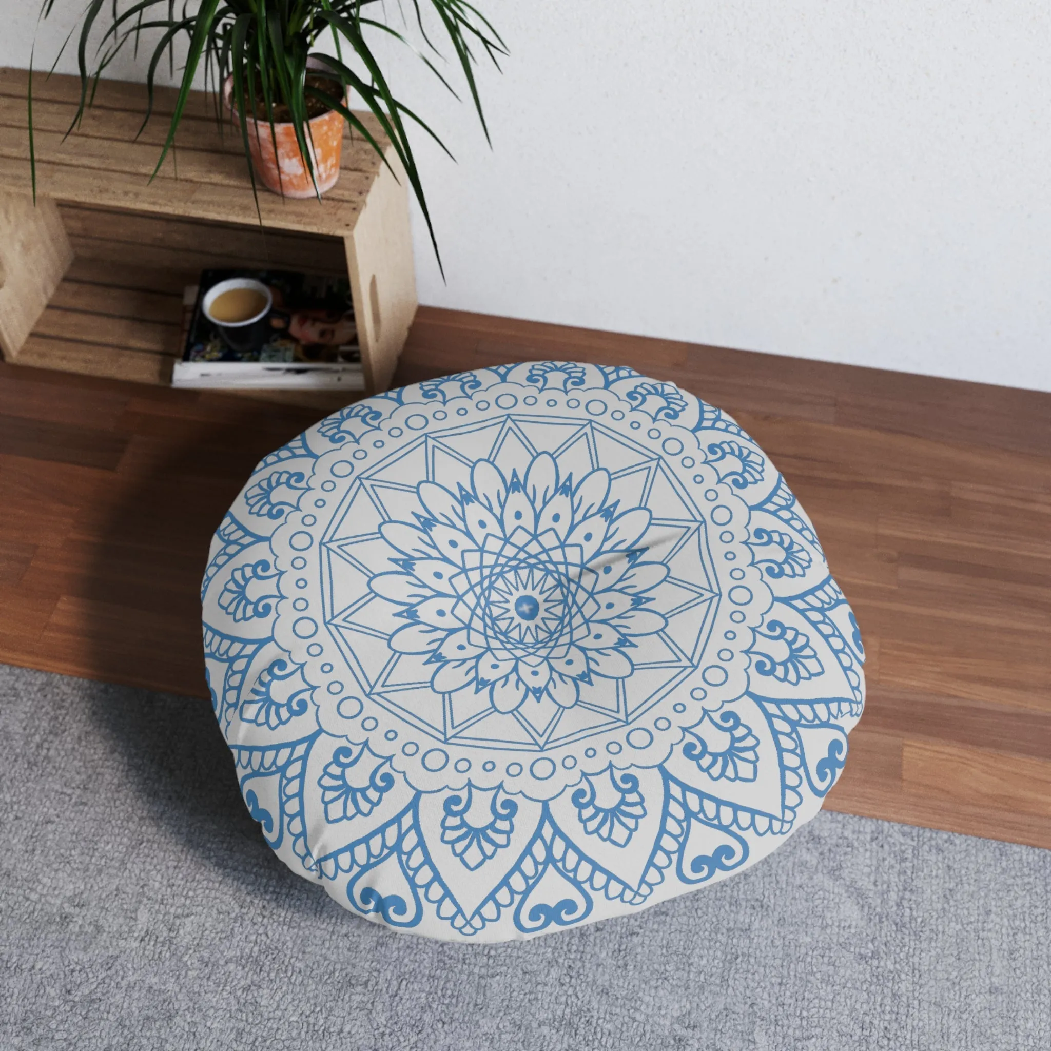 Handmade Mandala Art Floor Cushion - Steel Blue on Light Grey - Round