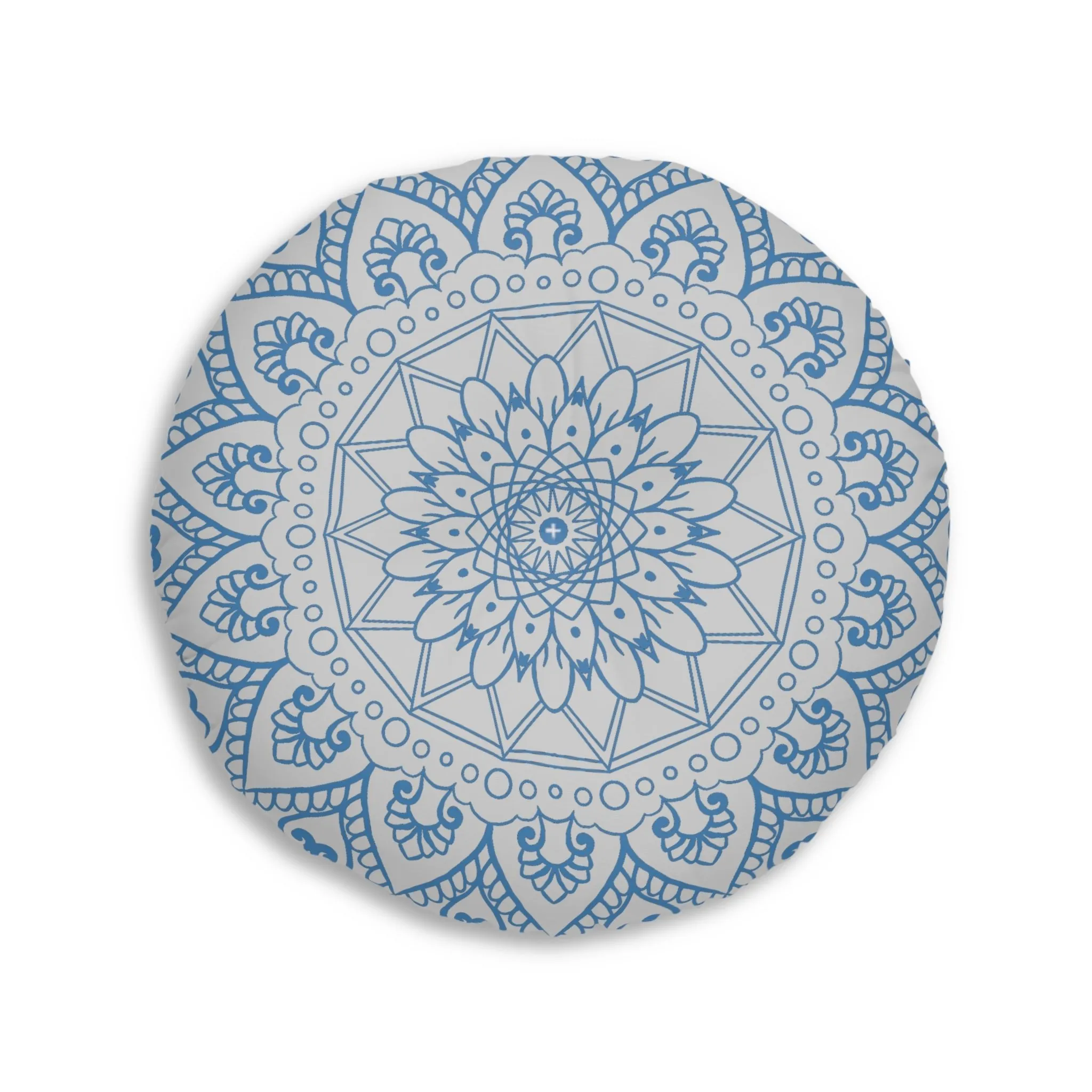 Handmade Mandala Art Floor Cushion - Steel Blue on Light Grey - Round