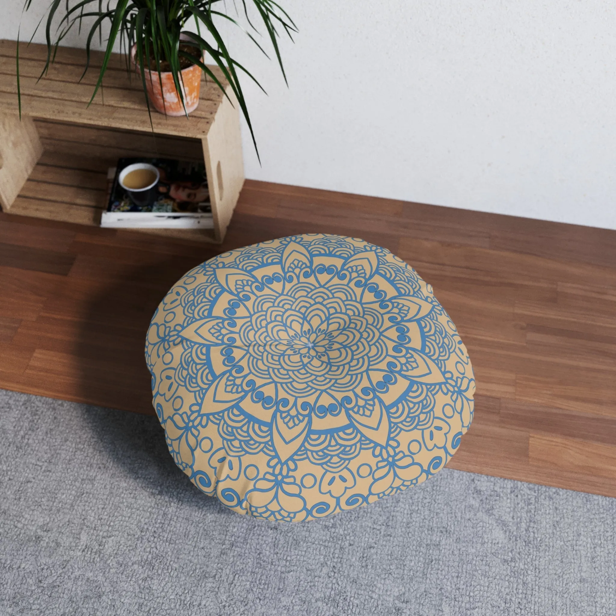 Handmade Mandala Art Floor Cushion - Steel Blue on Tan - Round