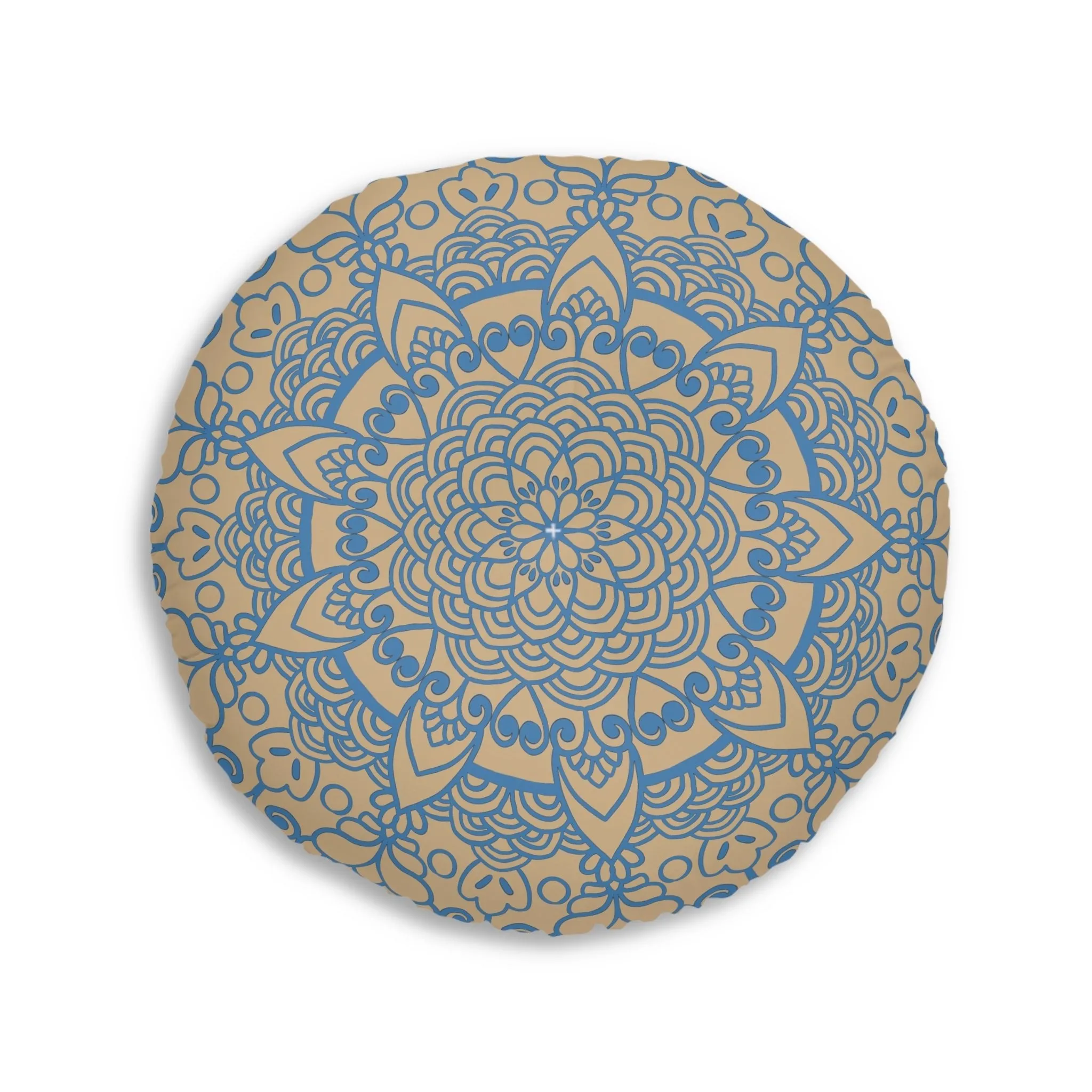 Handmade Mandala Art Floor Cushion - Steel Blue on Tan - Round