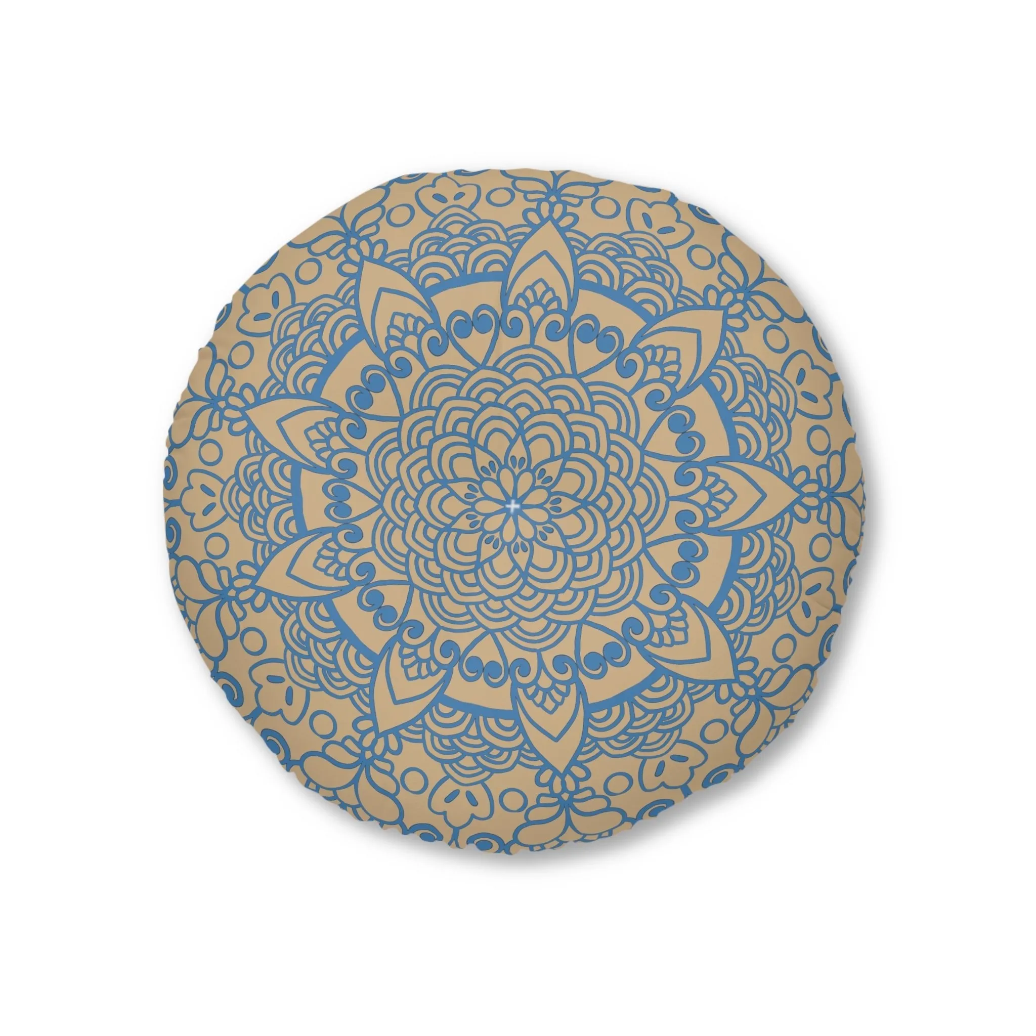 Handmade Mandala Art Floor Cushion - Steel Blue on Tan - Round