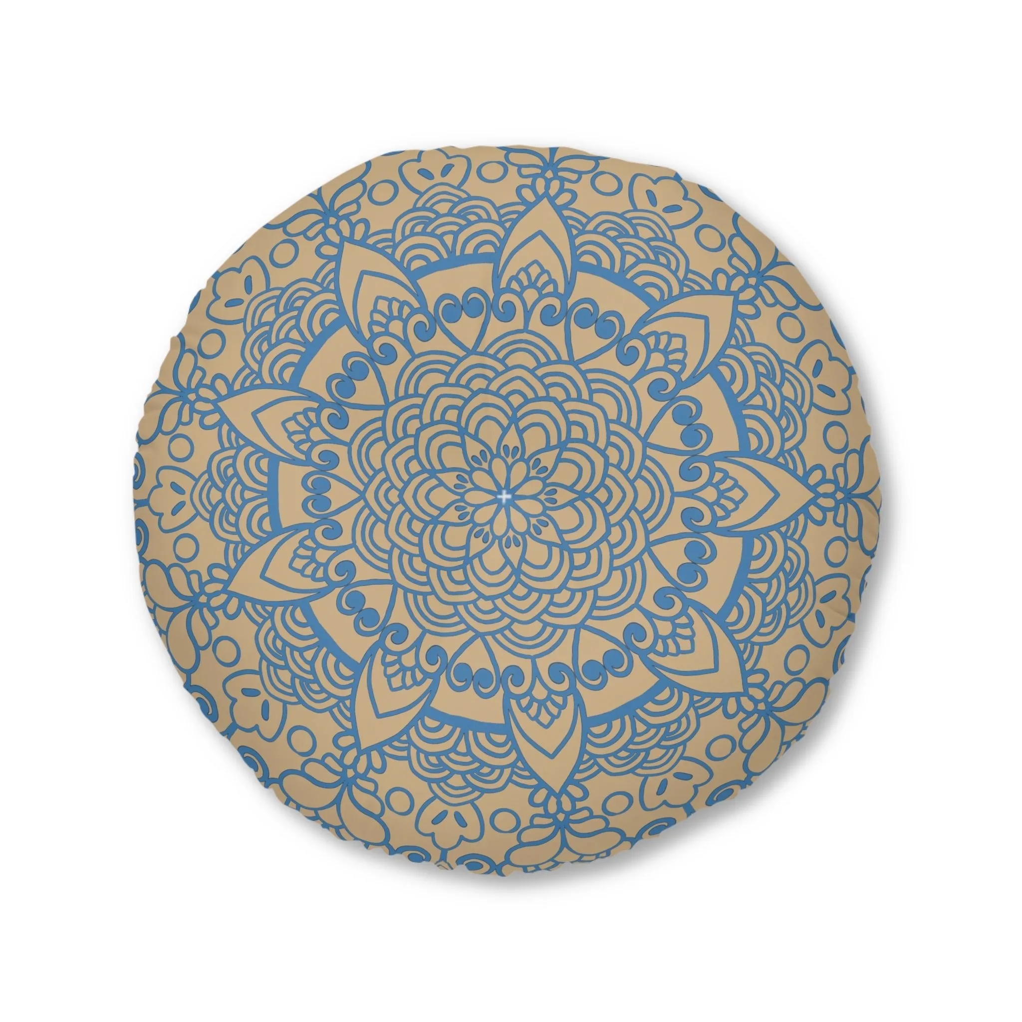 Handmade Mandala Art Floor Cushion - Steel Blue on Tan - Round