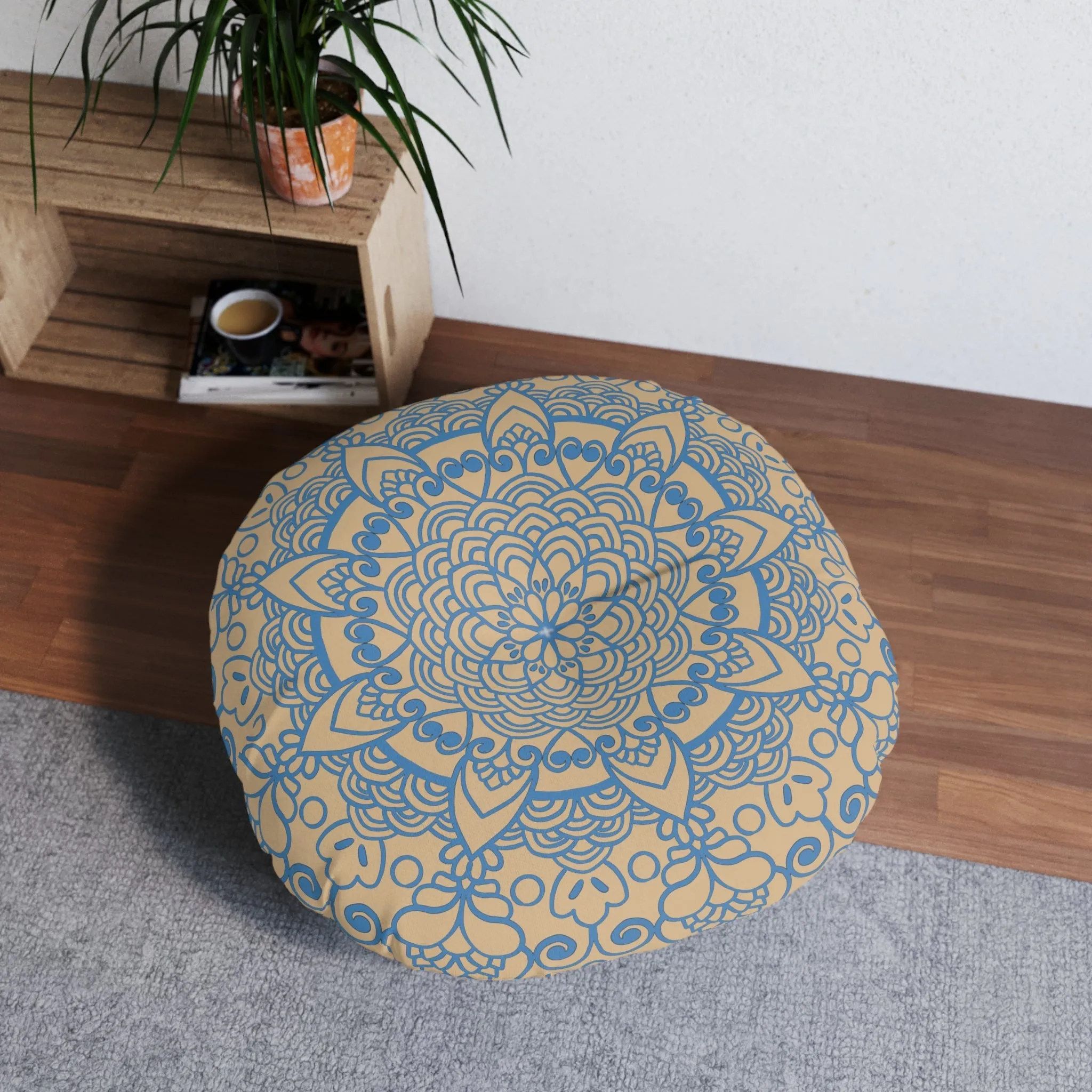 Handmade Mandala Art Floor Cushion - Steel Blue on Tan - Round