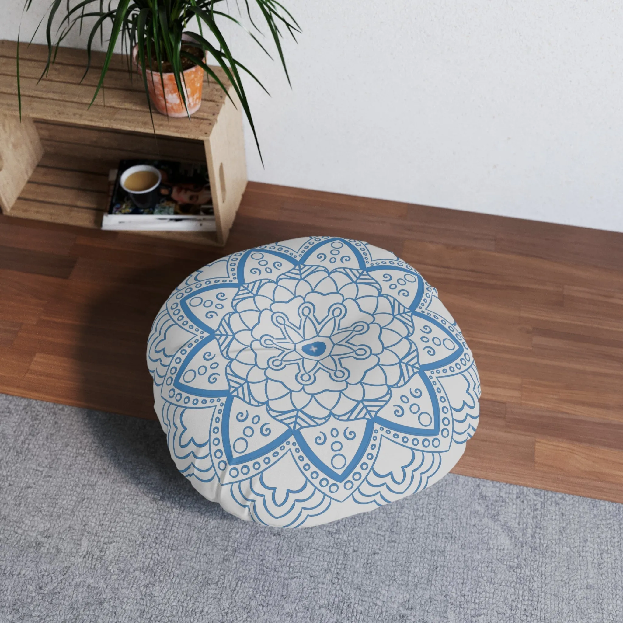 Handmade Mandala Art Floor Cushion - Steel Blue - Round