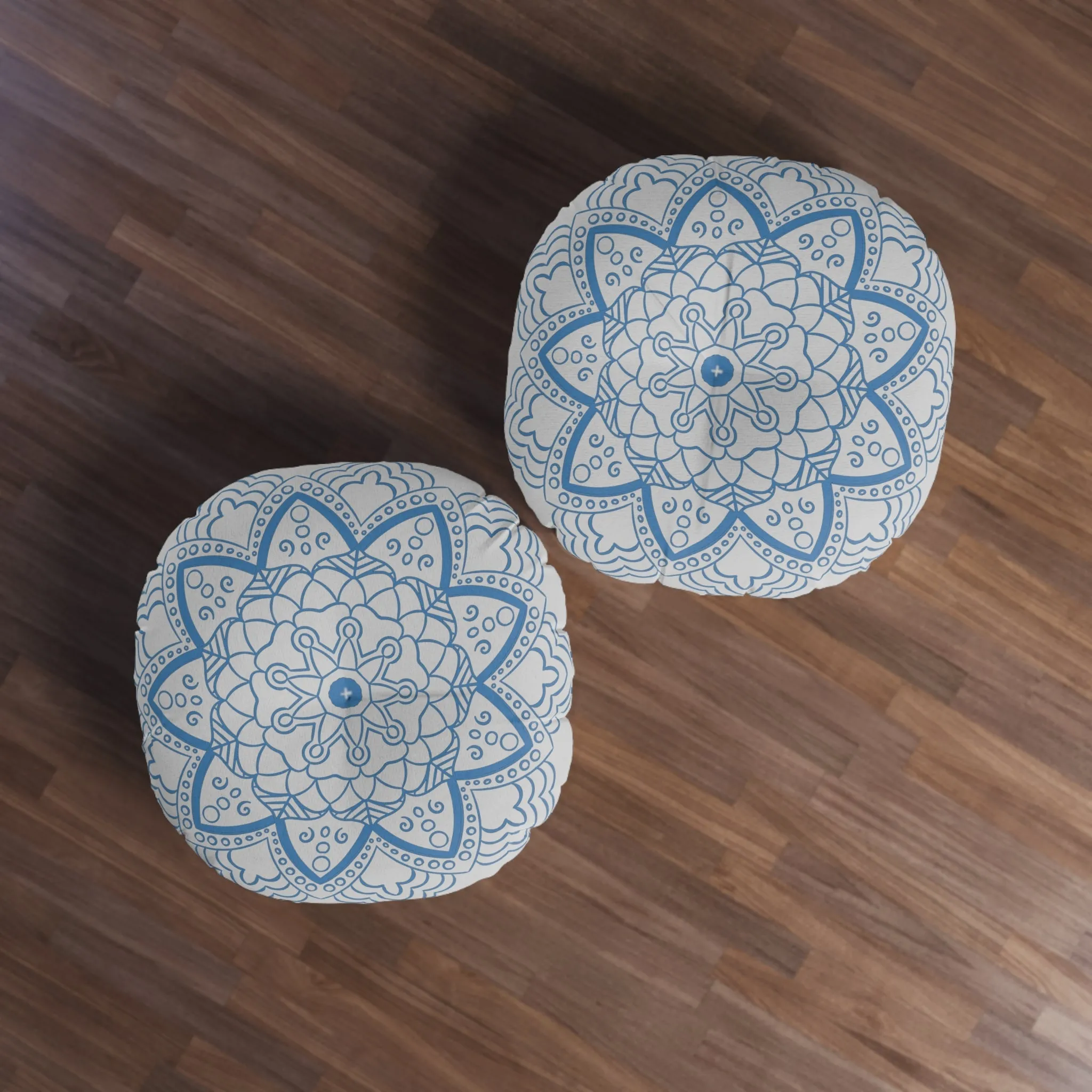 Handmade Mandala Art Floor Cushion - Steel Blue - Round