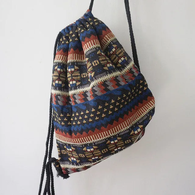 LilyHood Women Fabric Backpack Female Gypsy Bohemian Boho Chic Aztec Ibiza Tribal Ethnic Ibiza Brown Drawstring Rucksack Bags