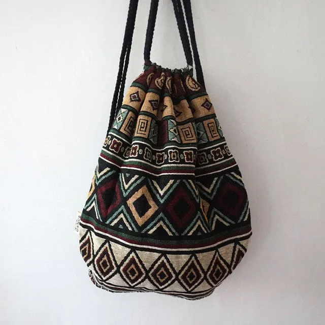 LilyHood Women Fabric Backpack Female Gypsy Bohemian Boho Chic Aztec Ibiza Tribal Ethnic Ibiza Brown Drawstring Rucksack Bags