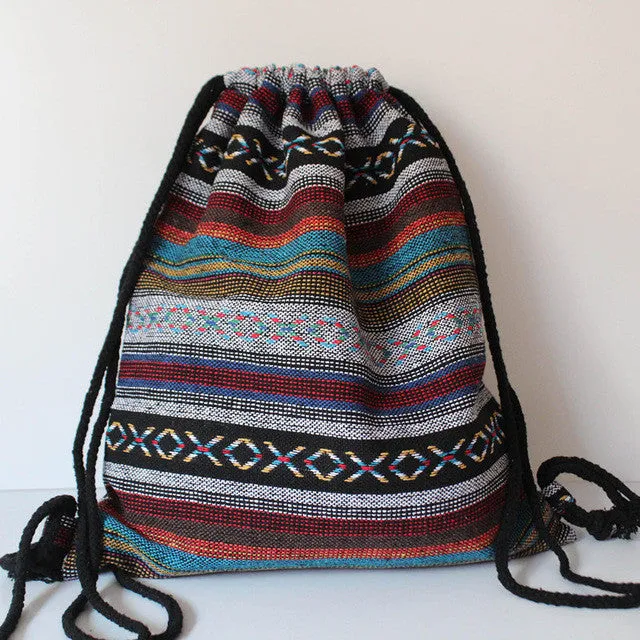 LilyHood Women Fabric Backpack Female Gypsy Bohemian Boho Chic Aztec Ibiza Tribal Ethnic Ibiza Brown Drawstring Rucksack Bags