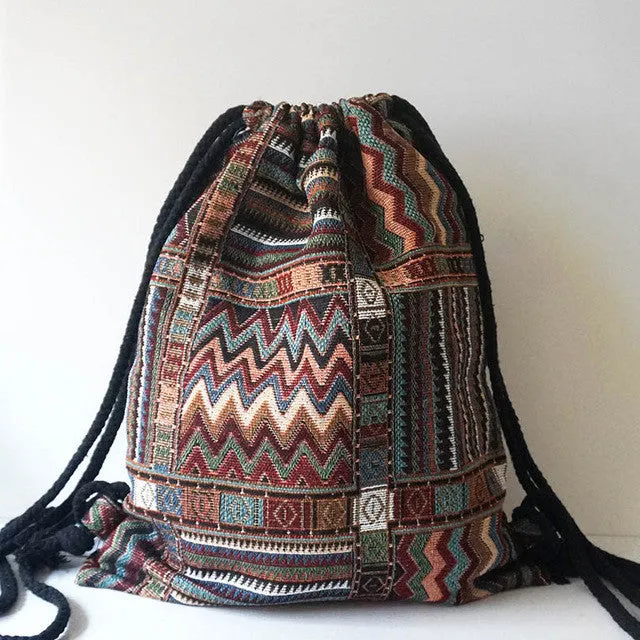 LilyHood Women Fabric Backpack Female Gypsy Bohemian Boho Chic Aztec Ibiza Tribal Ethnic Ibiza Brown Drawstring Rucksack Bags