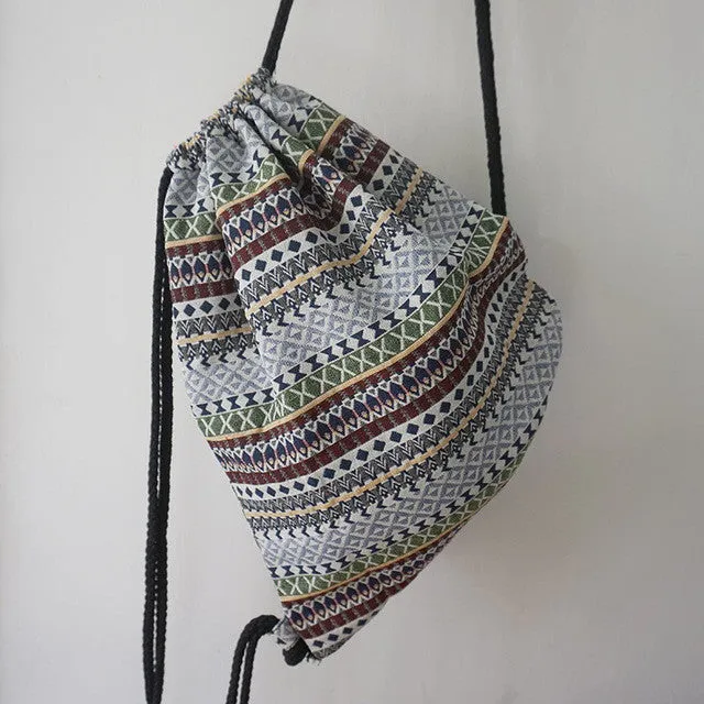 LilyHood Women Fabric Backpack Female Gypsy Bohemian Boho Chic Aztec Ibiza Tribal Ethnic Ibiza Brown Drawstring Rucksack Bags