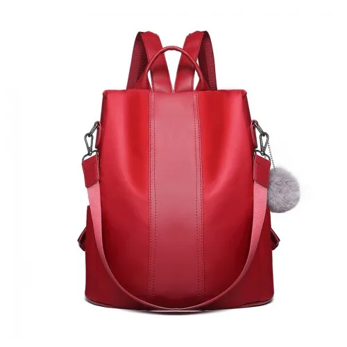 Miss Lulu Two Way Backpack Shoulder Bag with Pom Pom Pendant - Red | Stylish & Versatile Women's Bag