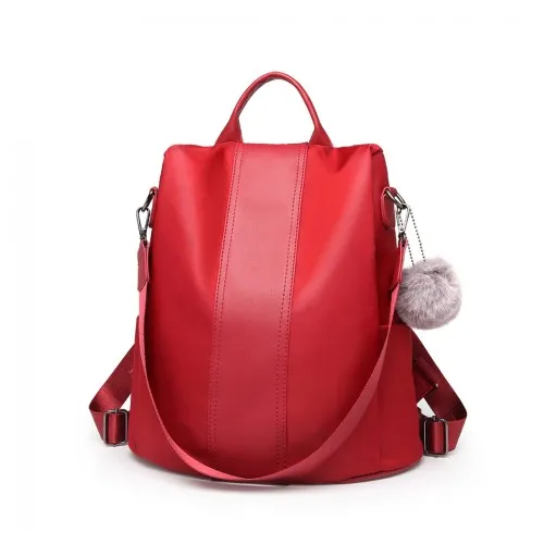 Miss Lulu Two Way Backpack Shoulder Bag with Pom Pom Pendant - Red | Stylish & Versatile Women's Bag