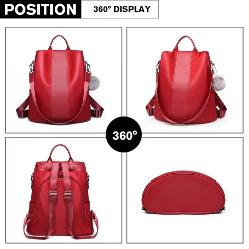 Miss Lulu Two Way Backpack Shoulder Bag with Pom Pom Pendant - Red | Stylish & Versatile Women's Bag