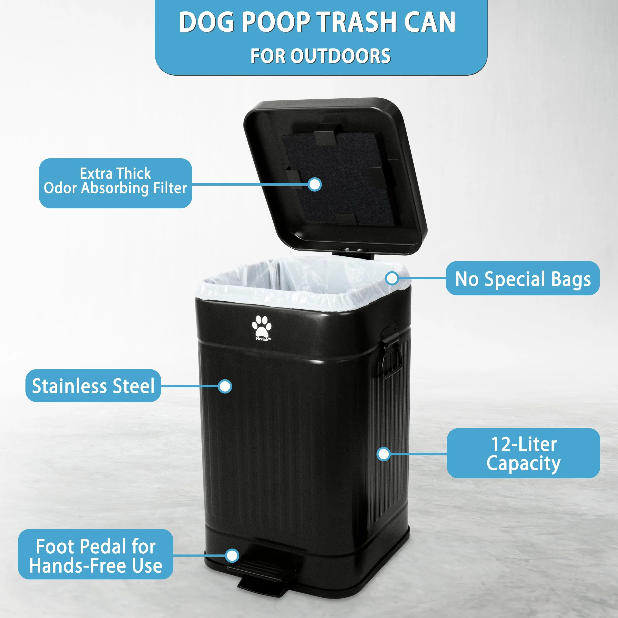 Nevink Dog Poop Trash Can for Outdoors, 12 Liter