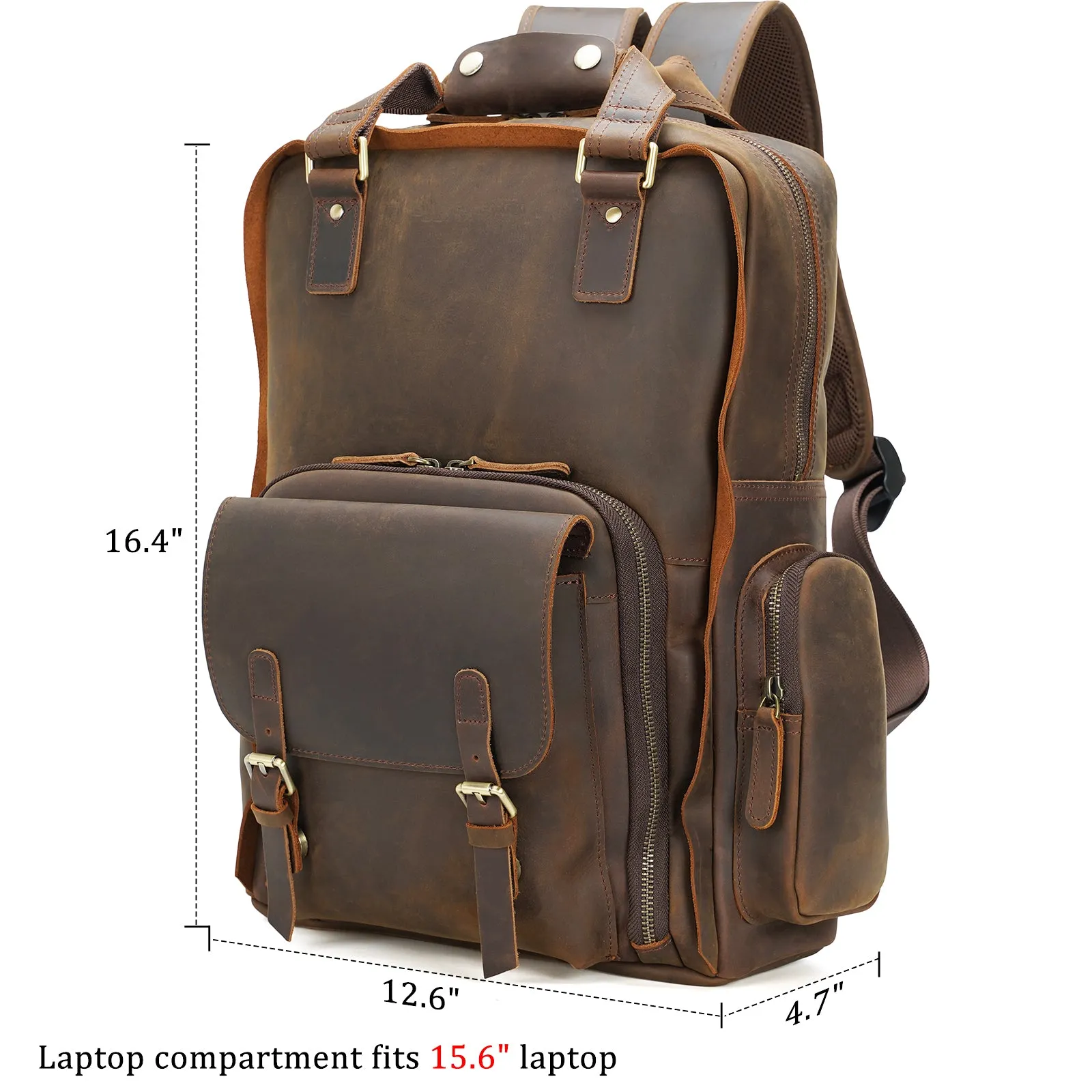 Polare Large Vintage Full Grain Italian Leather Backpack 15.6 Inch Laptop Bag Hiking Travel Rucksack for Men with Premium YKK Zippers