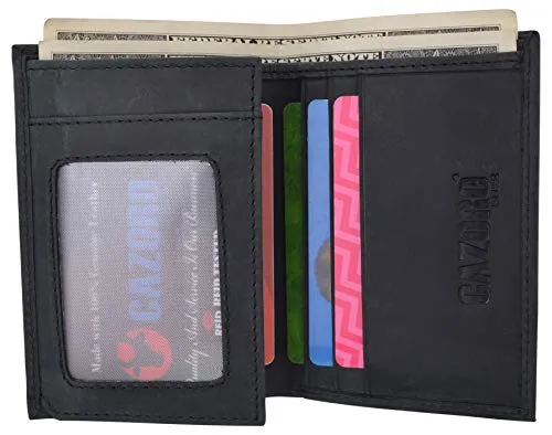 RFID Blocking Bifold USA Wallet For Men Leather Extra Capacity Mens Bifold Wallet W/ Vertical Design