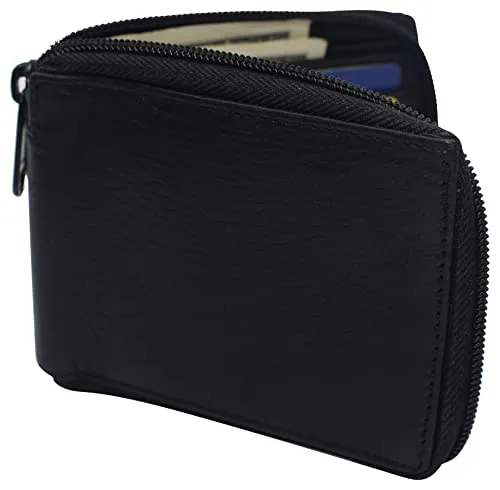 RFID Men's Leather Zipper wallet Zip Around Wallet Bifold Multi Card Holder Purse