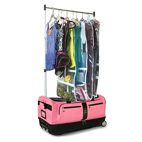 Travolution® – Newly Designed Garment Rack 28 inch Duffel with Wheels, Collapsible Lightweight Drop-Bottom Dance Costume Travel Luggage, Pink/Black…