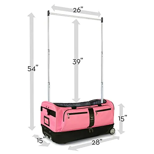 Travolution® – Newly Designed Garment Rack 28 inch Duffel with Wheels, Collapsible Lightweight Drop-Bottom Dance Costume Travel Luggage, Pink/Black…