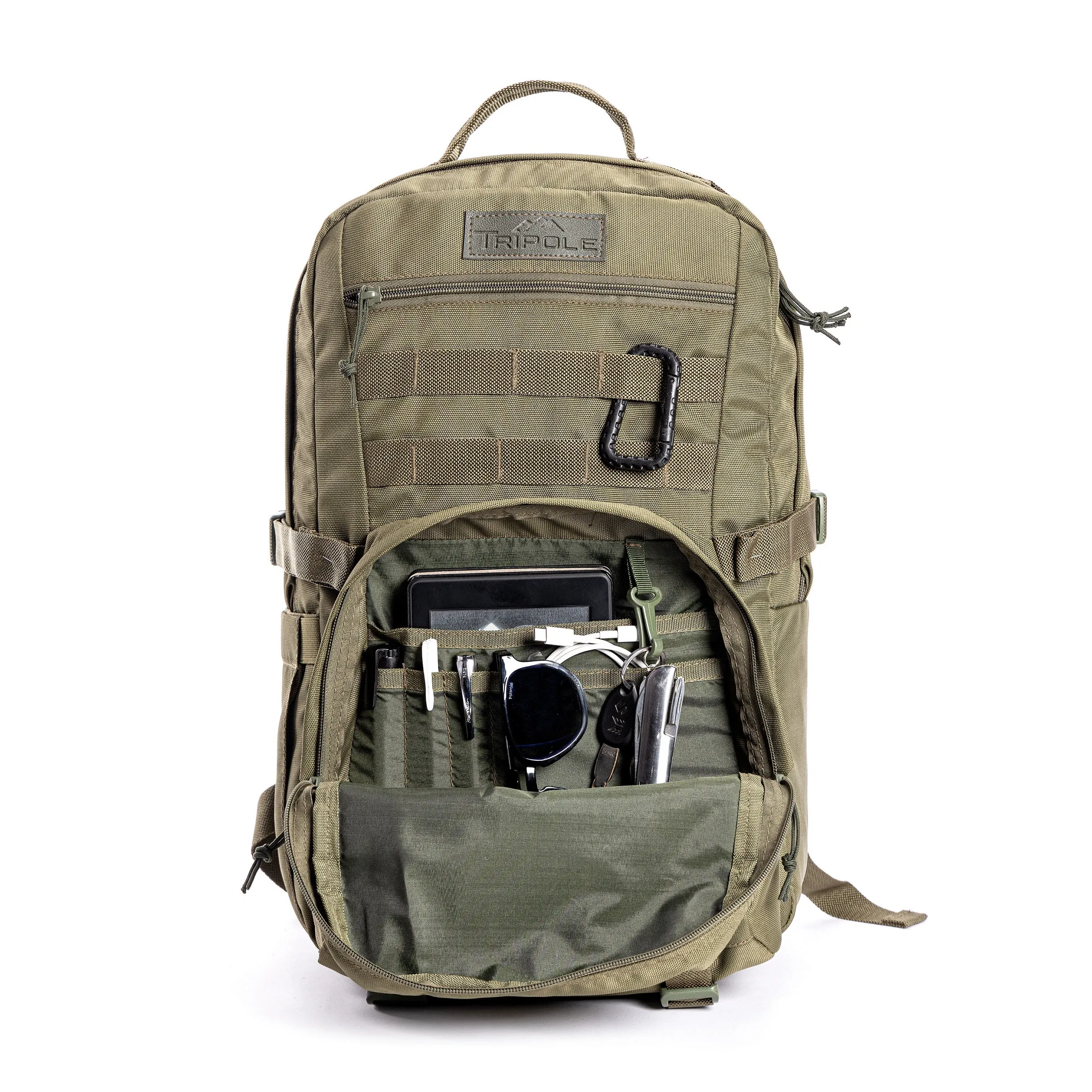 Tripole Captain 25 Litres Tactical Backpack with MOLLE Webbing and Carabiner - Army Green